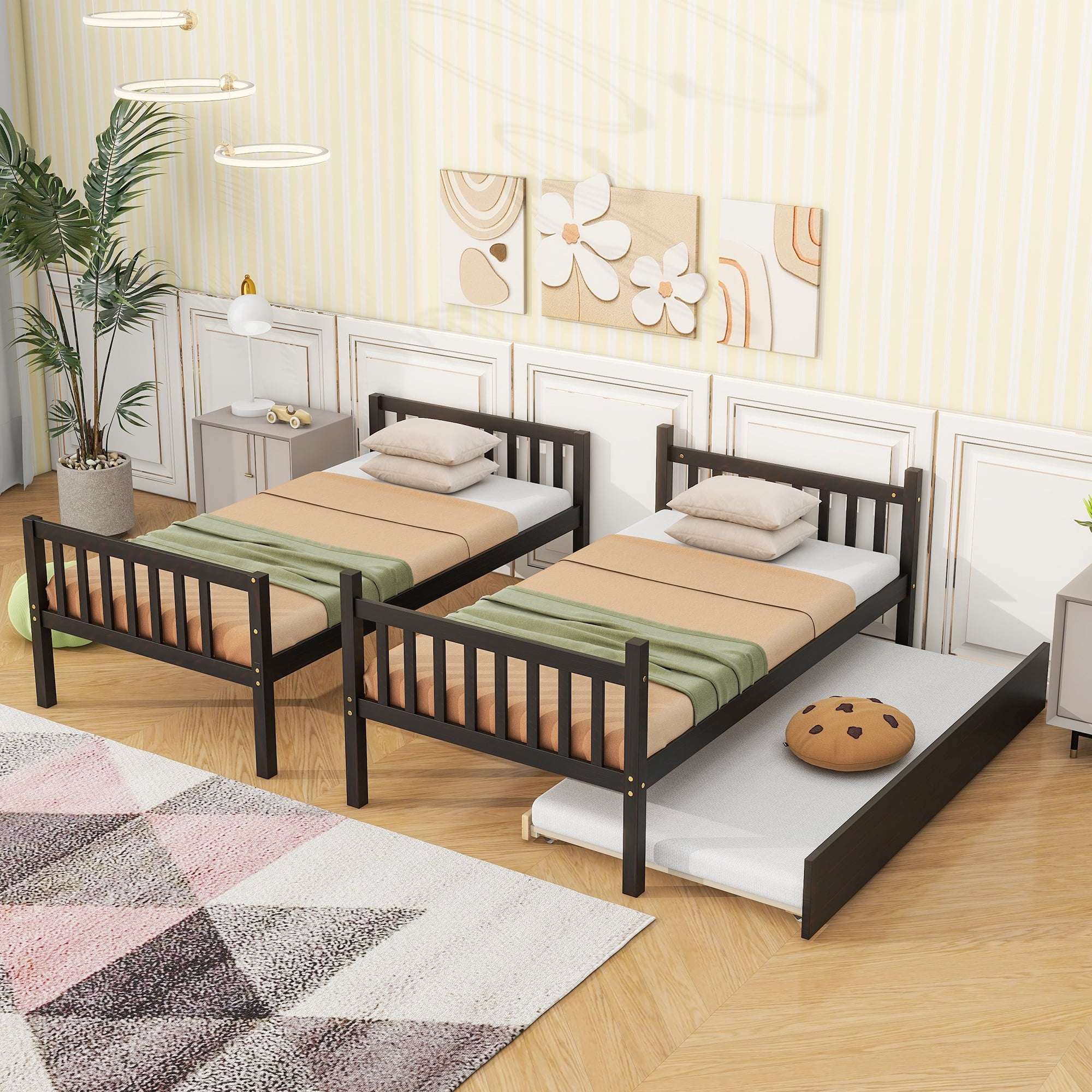 Alvantor Twin Over Twin Wood Bunk Bed Convertible with Trundle Ladder and Guardrail, Espresso