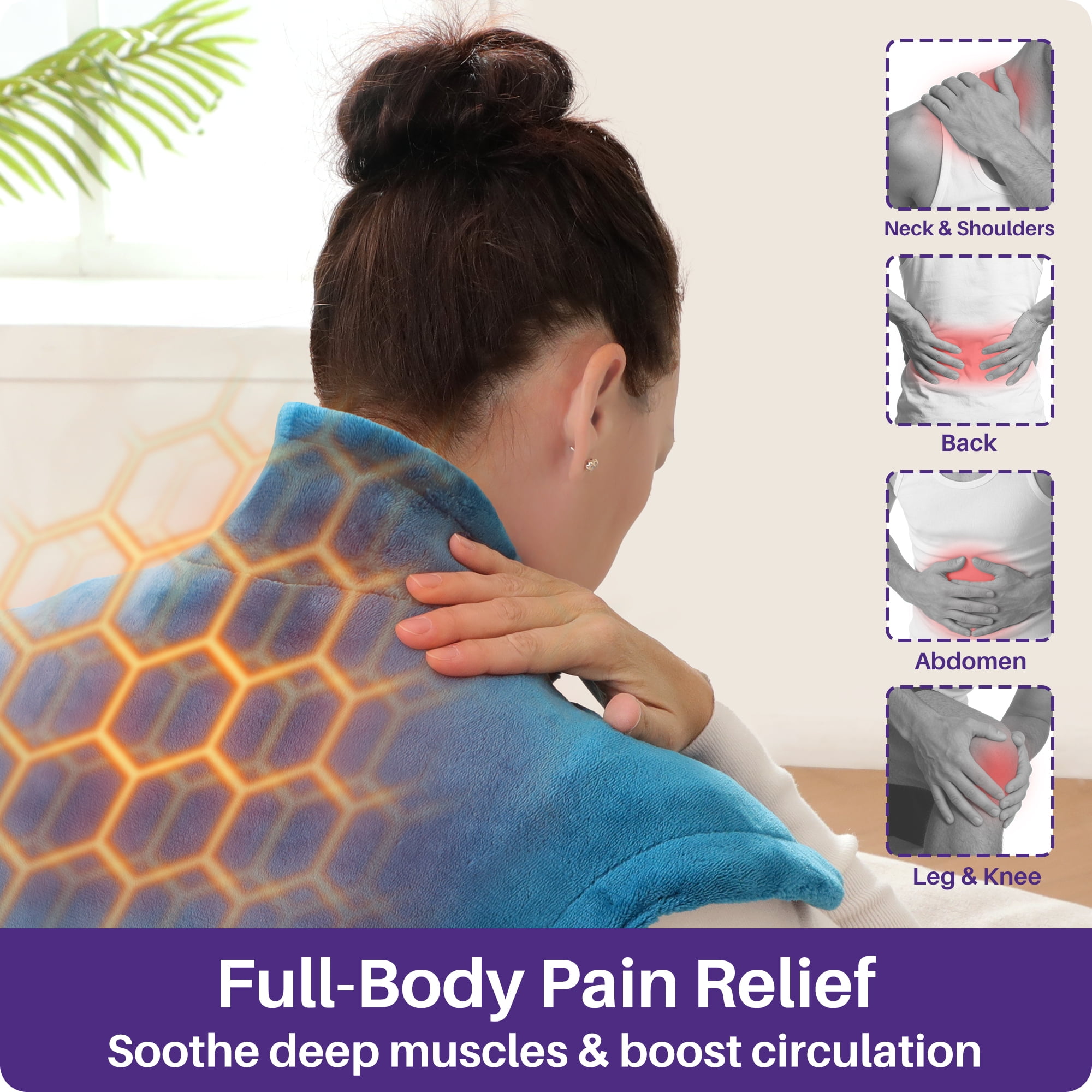 KEKOY Heating Pad for Back, Neck & Shoulders Pain Relief, Wearable Electric Heat Pad with Detachable Belt, 4 Heat Settings, 2-Hour Auto Shut-Off, Fast Heating, 24"x33", Blue