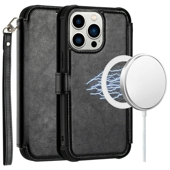MagSafe Compatible Leather Wallet Case for iPhone 14 Pro - Black