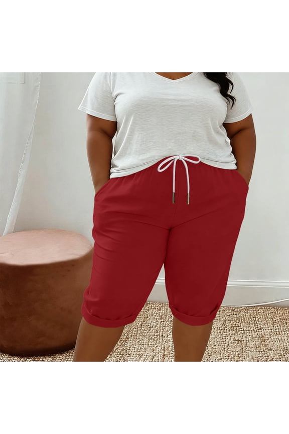 Plus Size Shorts for Women Summer Elastic Drawstring Shorts Casual Loose Fitting Vacation Beach Shorts with Pockets