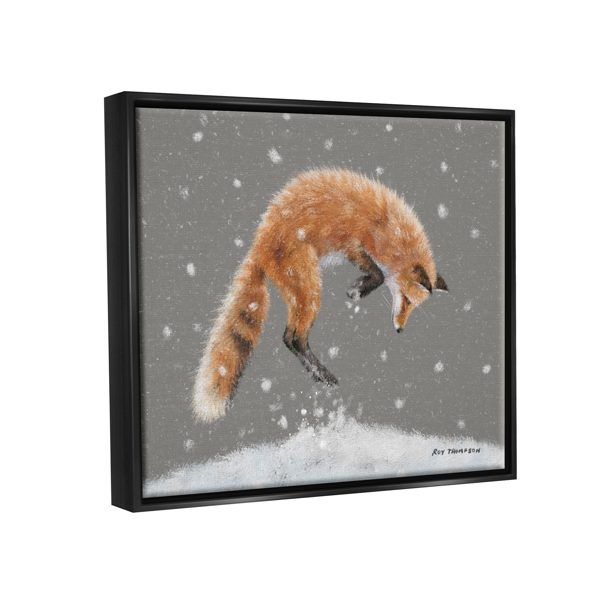 Stupell Industries Jumping Fox Winter Snowfall Holiday Painting Black Floater Framed Art Print Wall Art