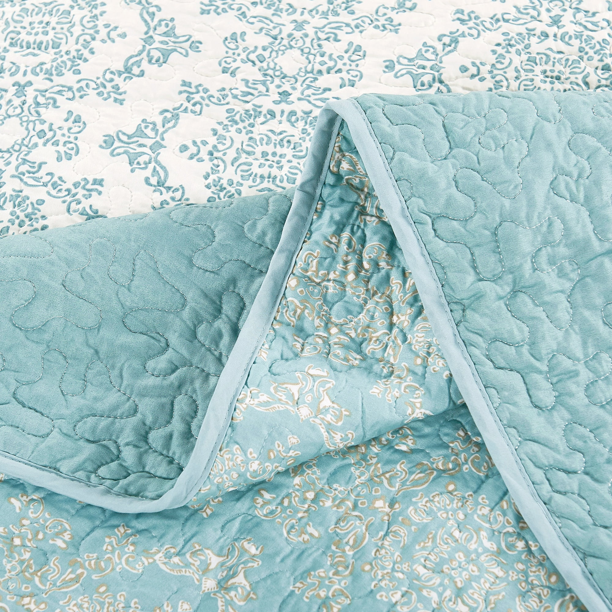 Home Soft Things 7 Piece Printed Microfiber Quilts Bedspread Set - Mystic - Teal/Turquoise - King (102" x 90")