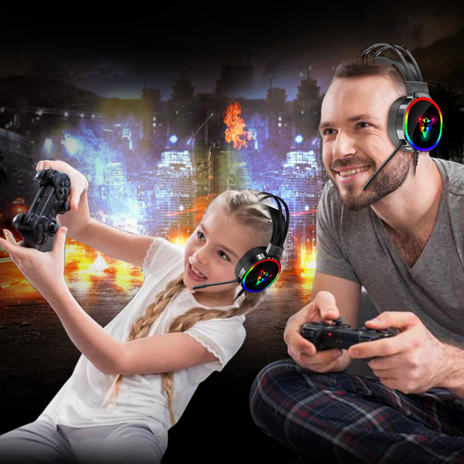 Rgb Gaming Headset With Mic Over-Ear Headphones Surround Sound Game Movie Headphones Black Free Size