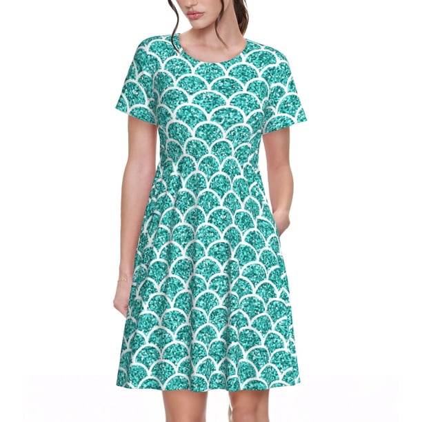 Easygdp Aquamarine Glitter1 para Vestido Transpirable de Mujer, Vestido Suelto de Manga Corta con Pliegues y Bolsillos para el Verano