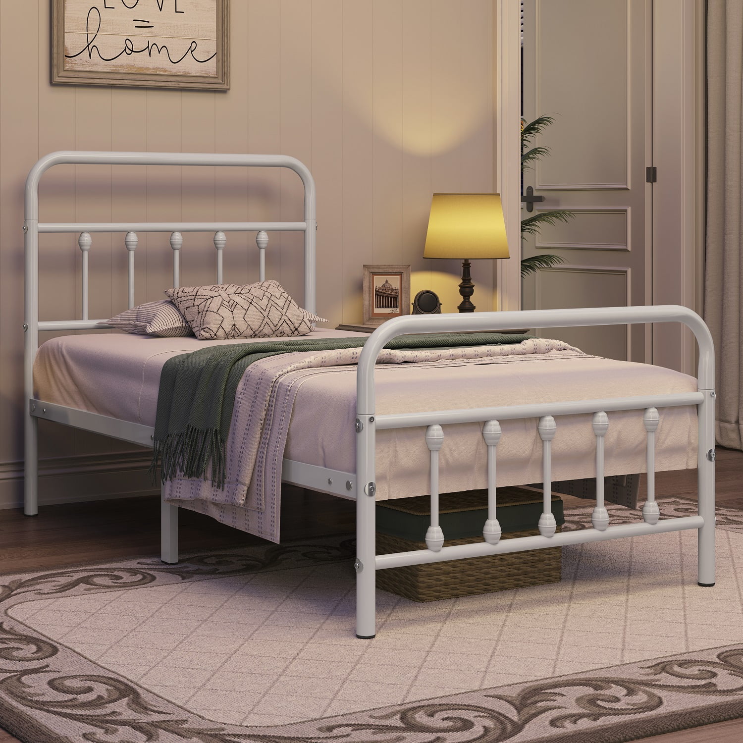 Alden Design Twin Size Classic Iron Platform Bed with High Headboard and Footboard, White