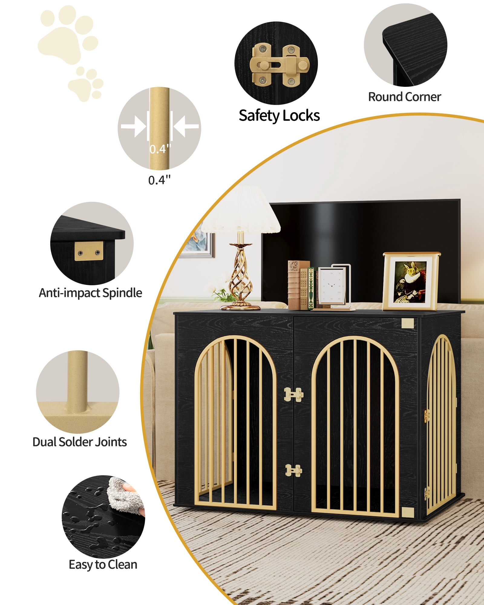 44.1" Dog Crate Furniture, 3 Door Wooden Dog Crate Furniture for Small/Medium/Large Dog,Black Gold