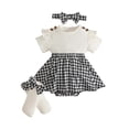 thumbnail image 3 of OSOLU Baby Girls Bodysuits Short Sleeve Plaid Newborn Infant Romper Dress With Headband Socks 3 Piece Set Trendy Onesie, 3 of 6