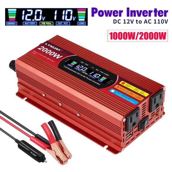 LVYUAN 1000W 2000W Modified Sine Wave Peak Power Inverter, 12V DC to 110V AC Car Inverter with Dual USB & AC Outlets, LCD Display, Red for RV, Truck, Camping, Travel (Inversor de EnergÃa para Auto)