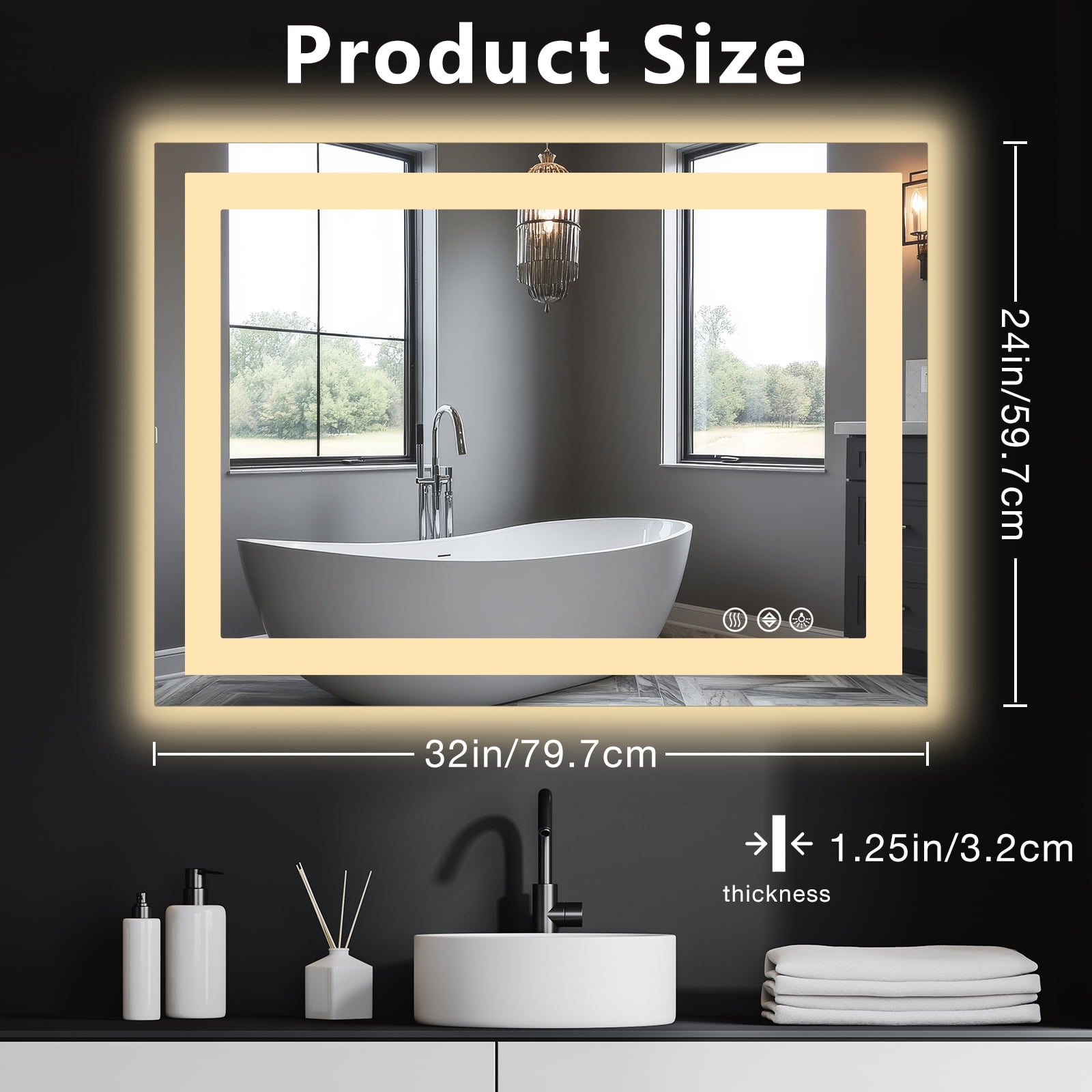 GINNA 24"X32" Anti-fog LED Bathroom Mirror with Dual Light Source and Three Lighting Modes, White