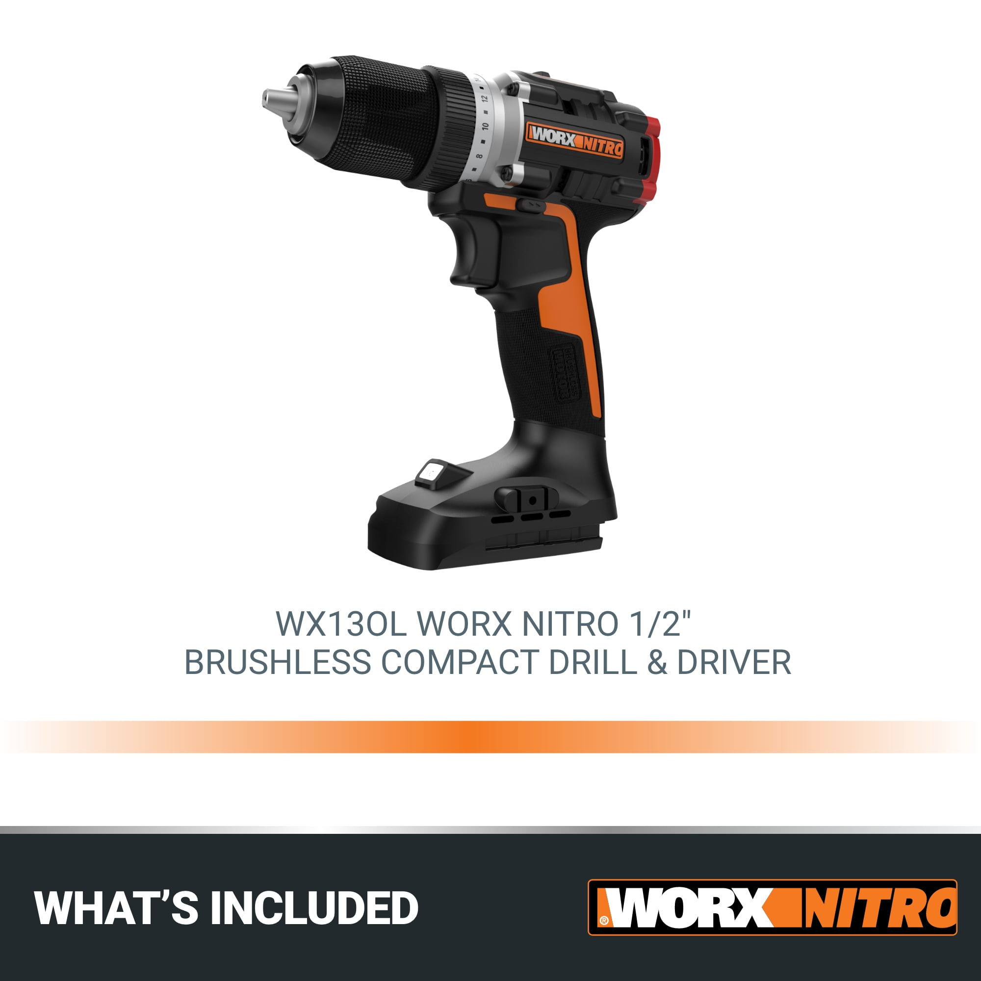 Worx Nitro WX130L.9 20V Compact Brushless 1/2” Drill/Driver (No Battery and Charger Included - Tool Only)