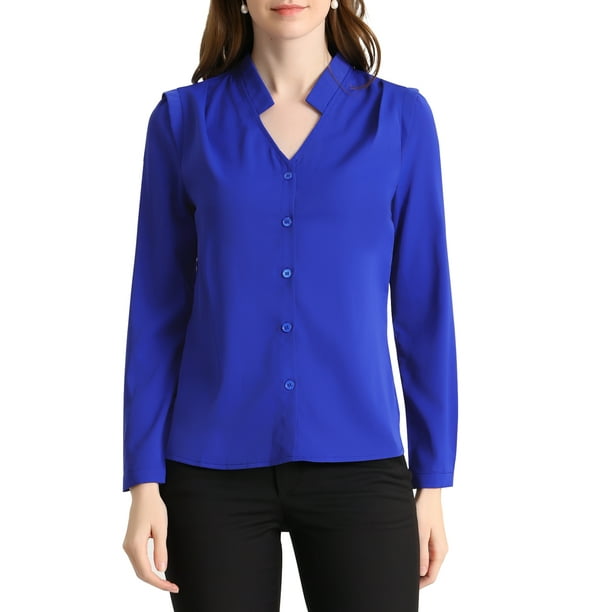 CAMISA DE BOTONES DE MANGA LARGA CON ESCOTE EN V ELEGANTE PARA MUJERES CHIC S AZUL REAL