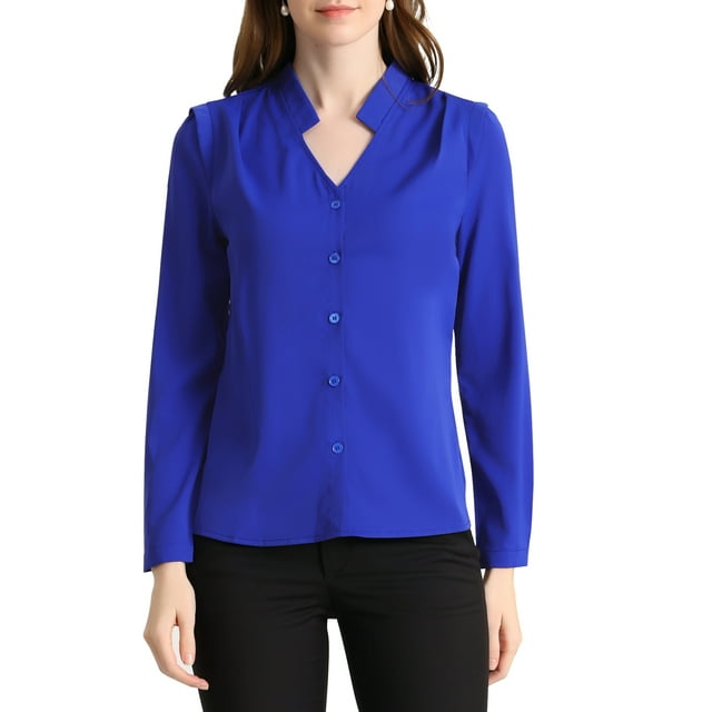 CAMISA DE BOTONES DE MANGA LARGA CON ESCOTE EN V ELEGANTE PARA MUJERES CHIC S AZUL REAL