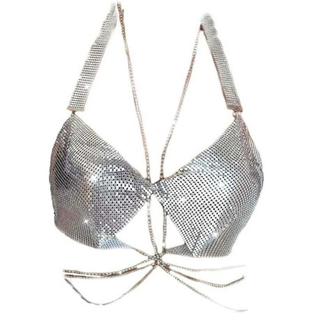 XD3-Rhinestones Bar Top Body Chains Crystal Bra Chain Silver Sparkly Crop Top Body Chains Sexy Beach Nightclub Body Jewelry for Women*3