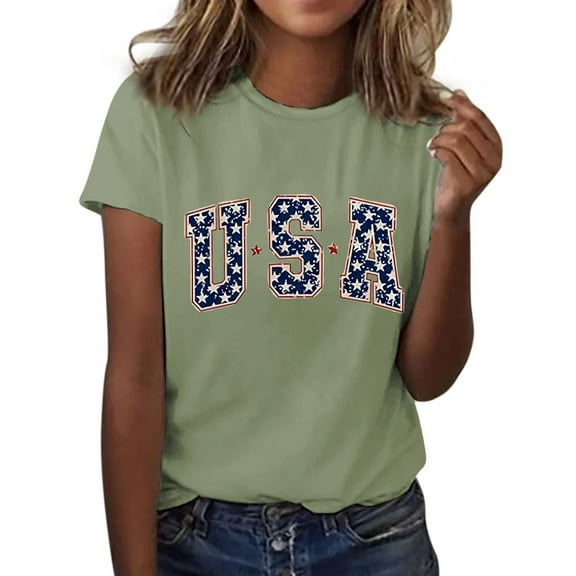 Bovemsi 4Th of July Oversized Shirt Women Casual Printing Short Sleeves Round Neck Loose T Shirt Blouse Tops, Green Women's Summer Short Sleeve T-Shirts, M