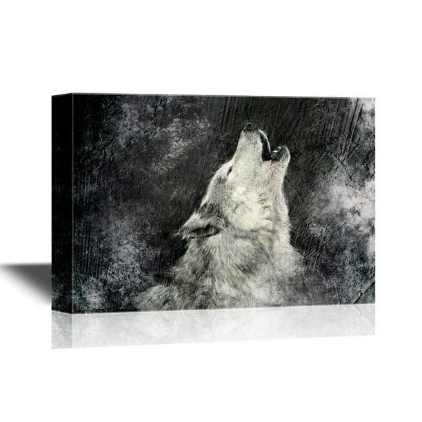 wall26 Wolf Canvas Wall Art Howling Wolf with Grunge Background in Black and White Gallery