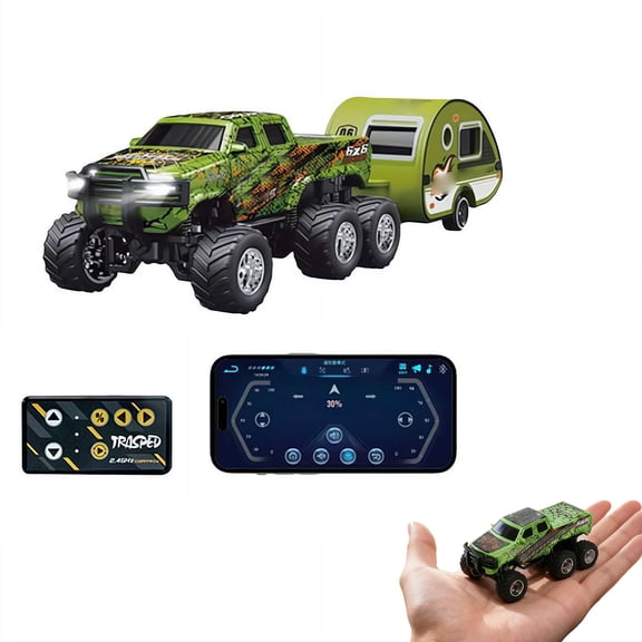 Mini Rc Truck,1/64 Scale Mini Remote Control Monster Truck with Trailer, 2.4Ghz Remote Control & APP, Rechargeable Alloy Shell RC Cars with Lights, Speed/Steering Adjustable