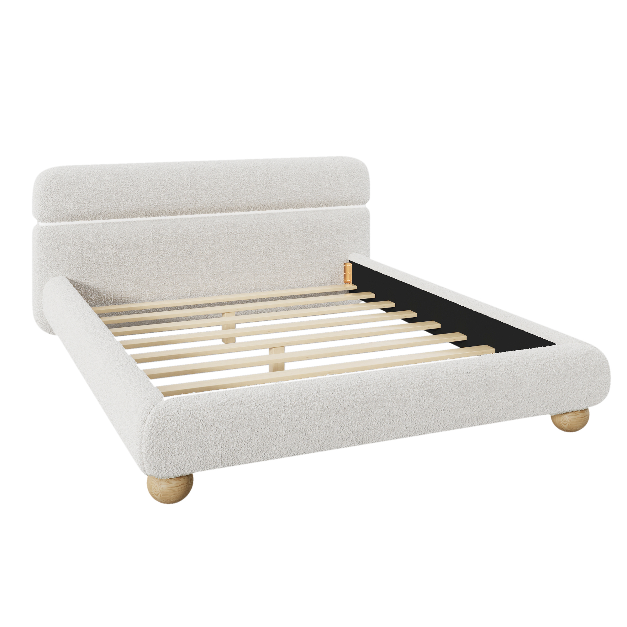 Euroco Teddy Fleece Fabric Queen Size Platform Bed with Round Legs, White