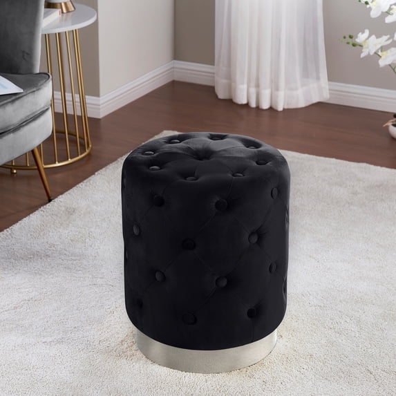 Home Sweet Home Venetian Round Tufted Upholstered Velvet Ottoman with Silver Metal Base - 15" L x 15" W x 18.5" H (Black)