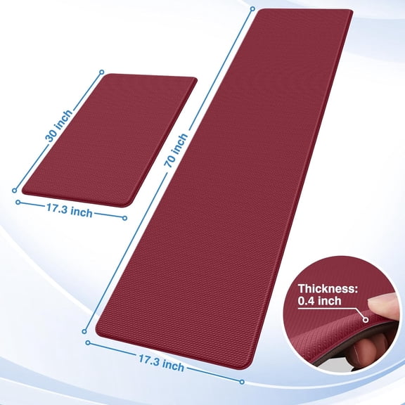 Kitchen Mats, 2PCS Kitchen Rugs, Cushioned Anti Fatigue Kitchen Mats for Floor, Non-Slip Standing Desk Mat, Waterproof Kitchen Rug Set for Kitchen, Floor, Office, 17.3"×30" 17.3"×70", Red