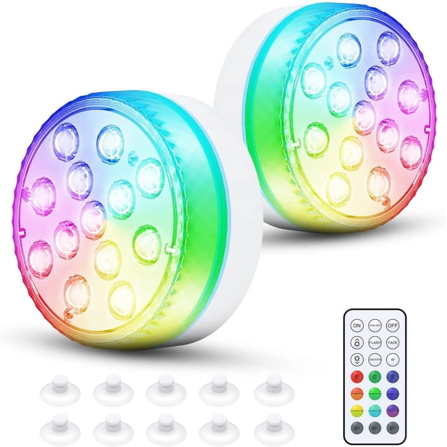 2 Pack Pool Lights Submersible LED Light Underwater Battery Operated Pond Lights with RF Remote Suction Cups 16 Colors Magnet Waterproof for Aboveground Inground Pools Fountain Bathtub Aquarium