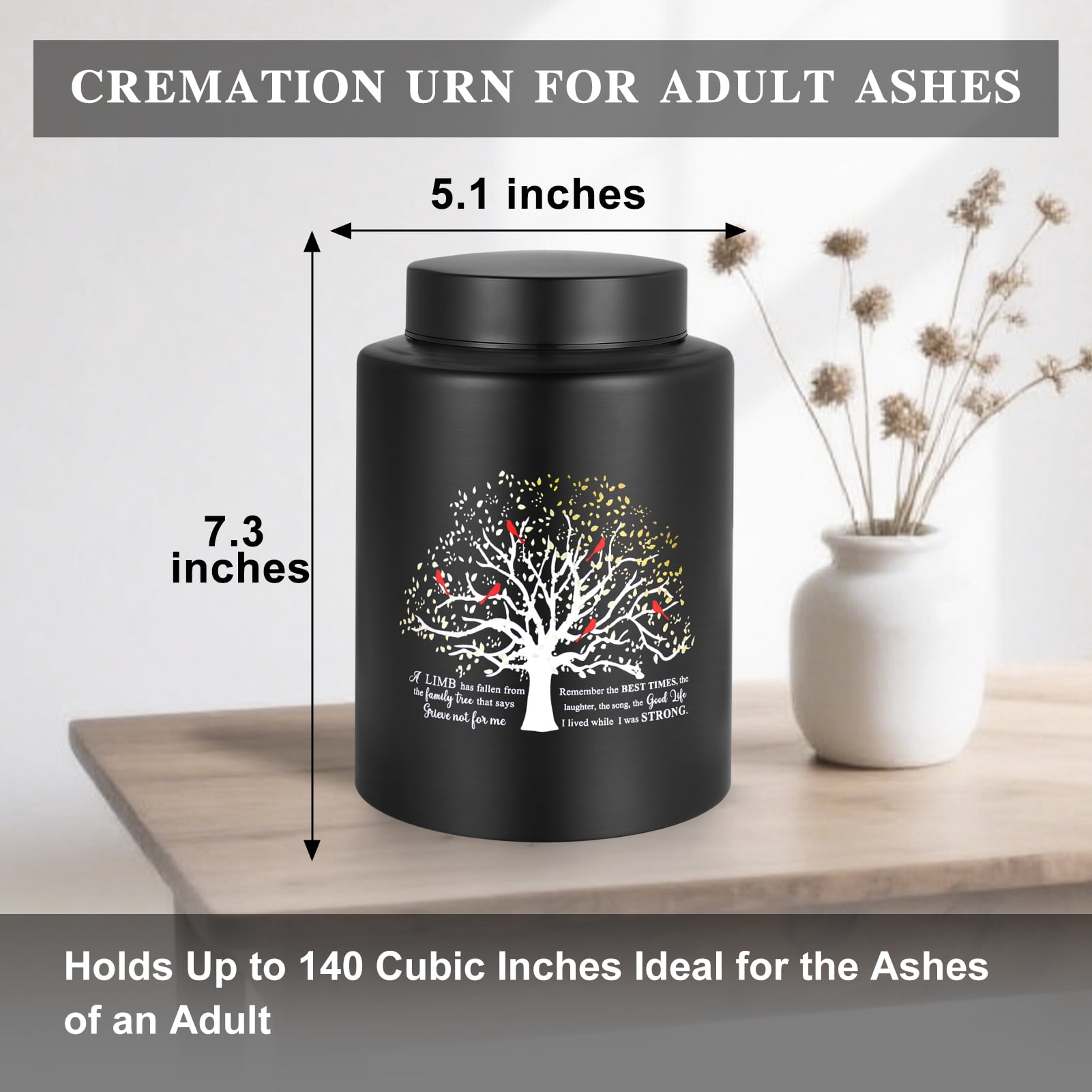 XIUDA Up to 140 lbs Medium Urn for Adult Human Ashes - 7.3 Inch Decorative Stainless Steel Cremation Urn, Big Keepsake Memorial Life Tree