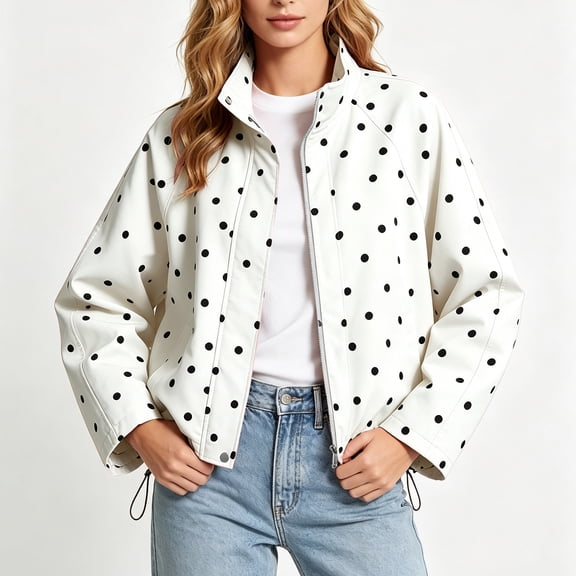 Aloohaidyvio Women's Polka Dot Jackets Fall Trendy Lightweight Stand Collar Coat Zip Up Outerwear with Pockets