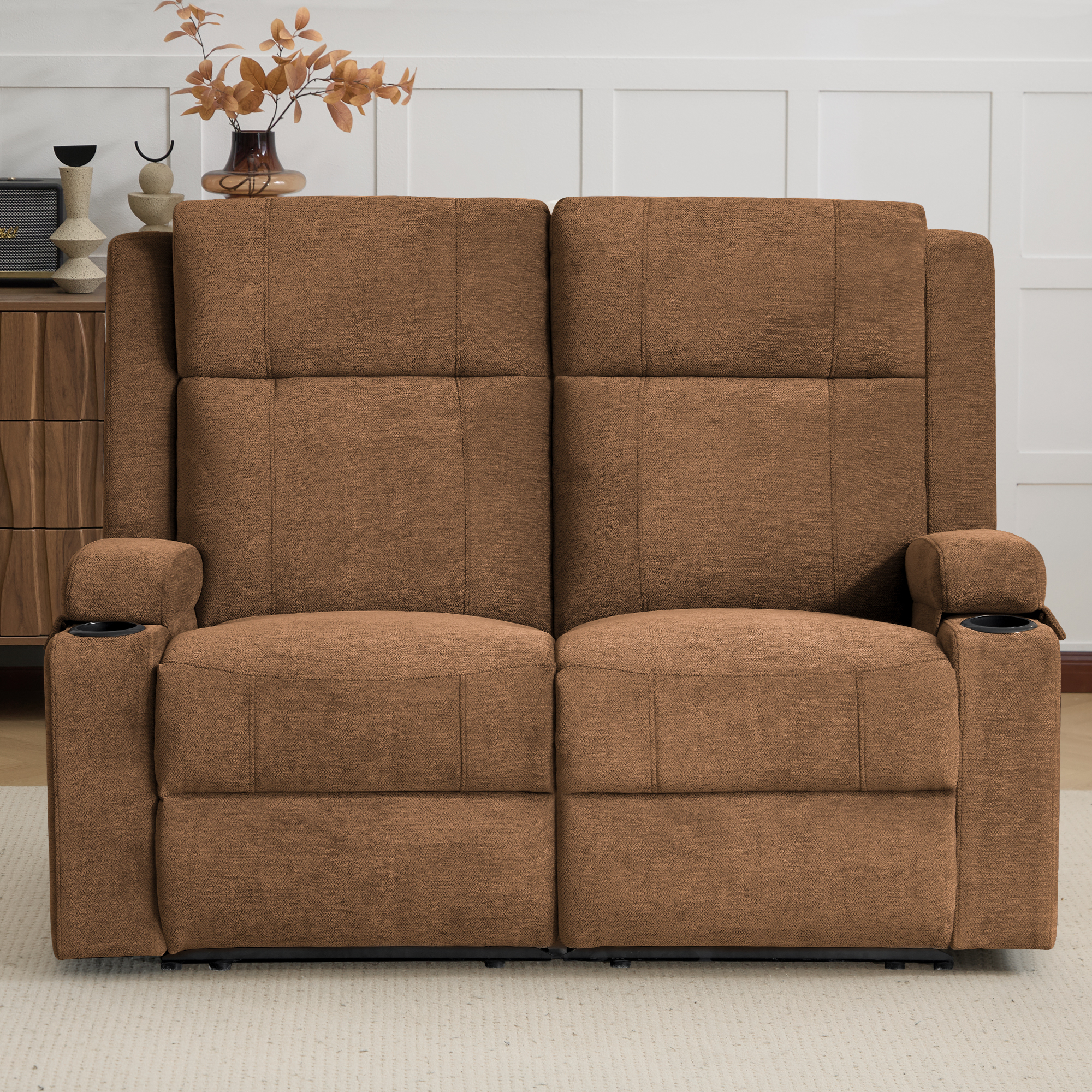 Chenille Reclining Couch, Manual Reclining Loveseat with Cup Holders, Wide Seat, Spill-Resistant Fabric, Easy Assembly, for Living Room/Apartment/RV Recliner Sofa