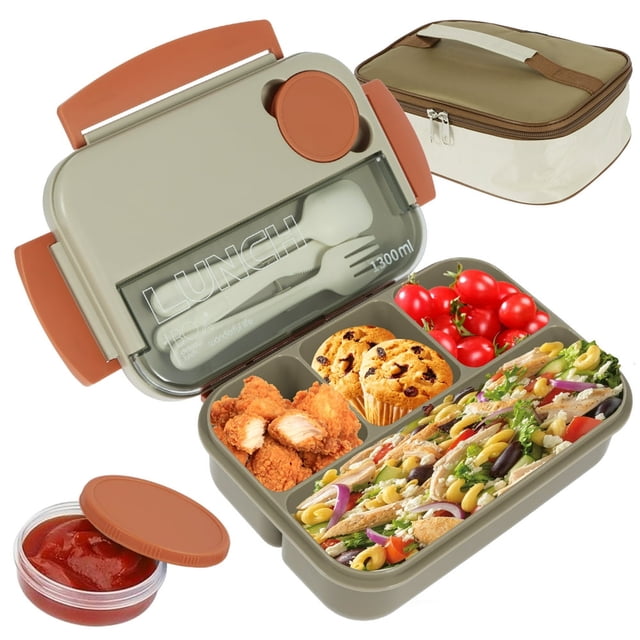 Lunch Box with 4 Compartment Sauce Cup Leakproof Bento Lunch Box Microwave Safe Bento Box Container Dishwasher Safe Reusable Food Storage Box with Utensil Set Storage Bag for Adults Kids