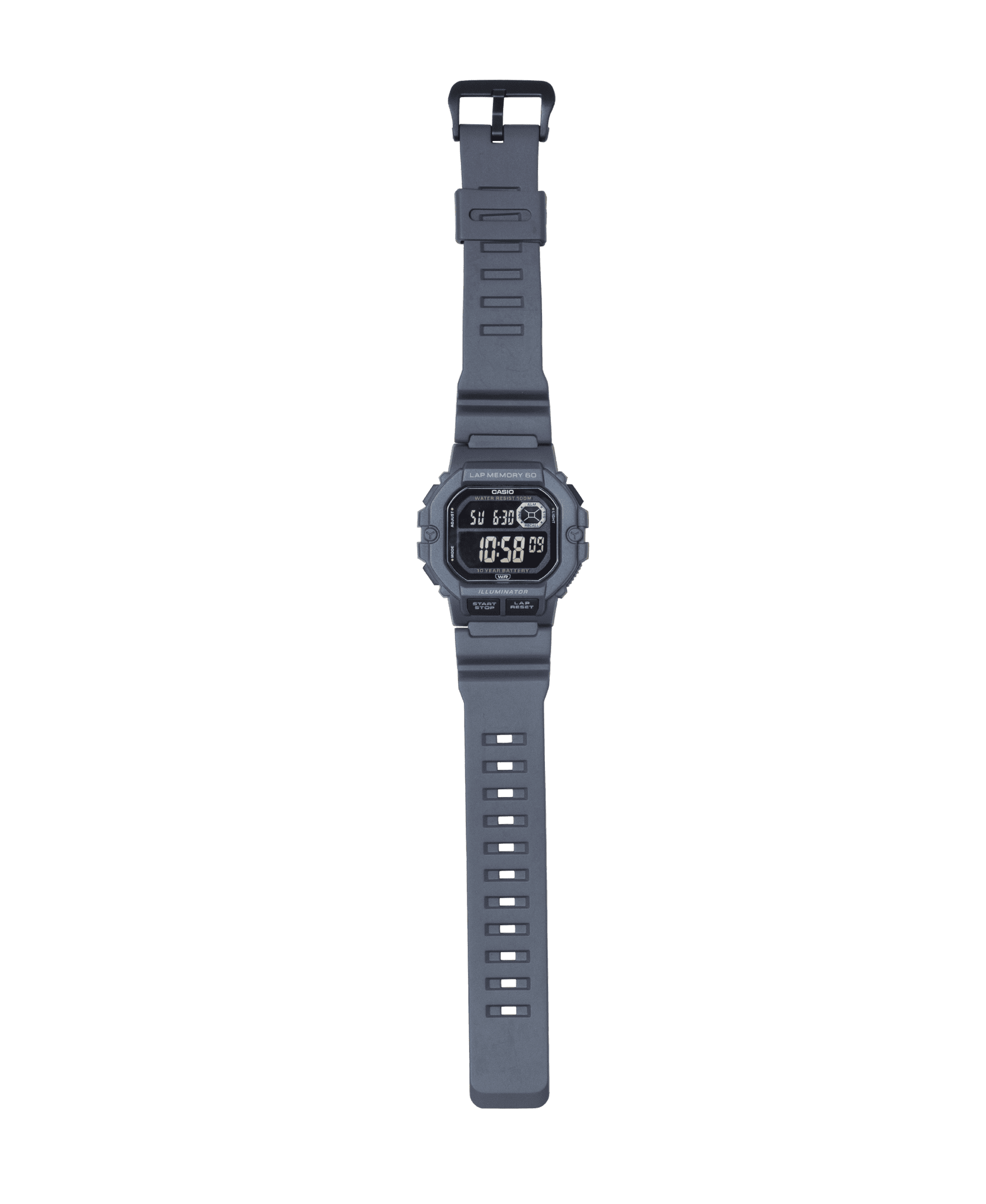 Casio Mens Digital Wristwatch 10-Yr Battery 100M Wr Led Backlight Stopwatch Gray