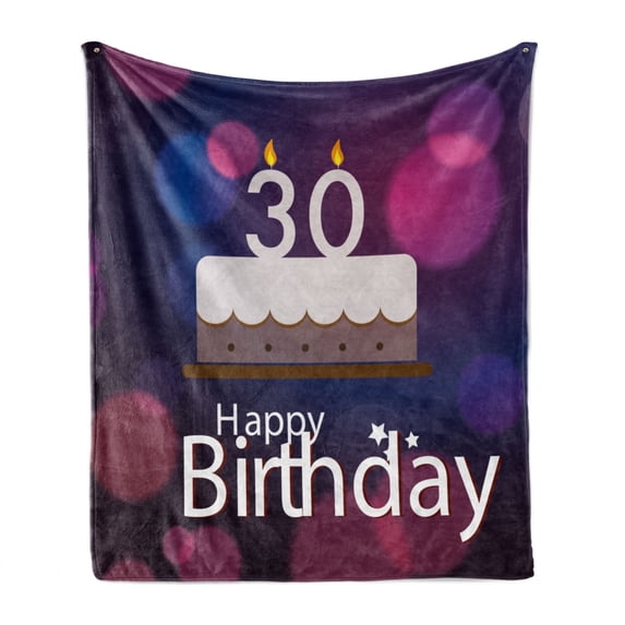 30th Birthday Soft Flannel Fleece Throw Blanket, Graphic Cake with Candles on the Abstract Bokeh Background, Cozy Plush for Indoor and Outdoor Use, 50" x 70", Pink Navy Blue White, by Ambesonne