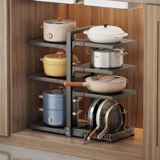 Organizador de Sartenes y Ollas Altura Ajustable Organizador de Tapas de Ollas Metal Porta Sartenes de Cocina Impermeable y Antioxidante Estante Soporte Separador Negro 6 niveles y 1 soporte de tapa