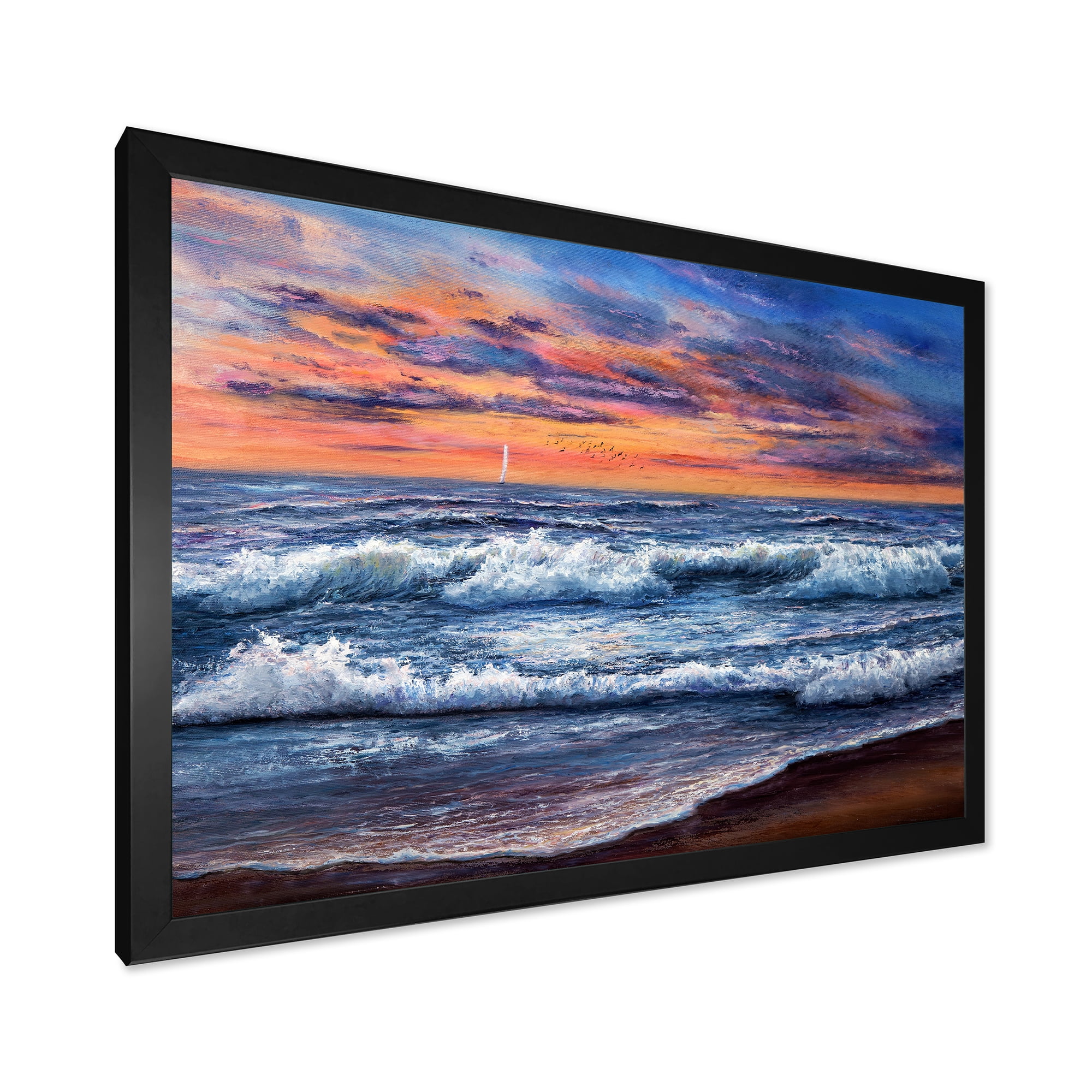 Designart 'The Blue Ocean In Sunset Evening II' Nautical & Coastal Framed Art Print