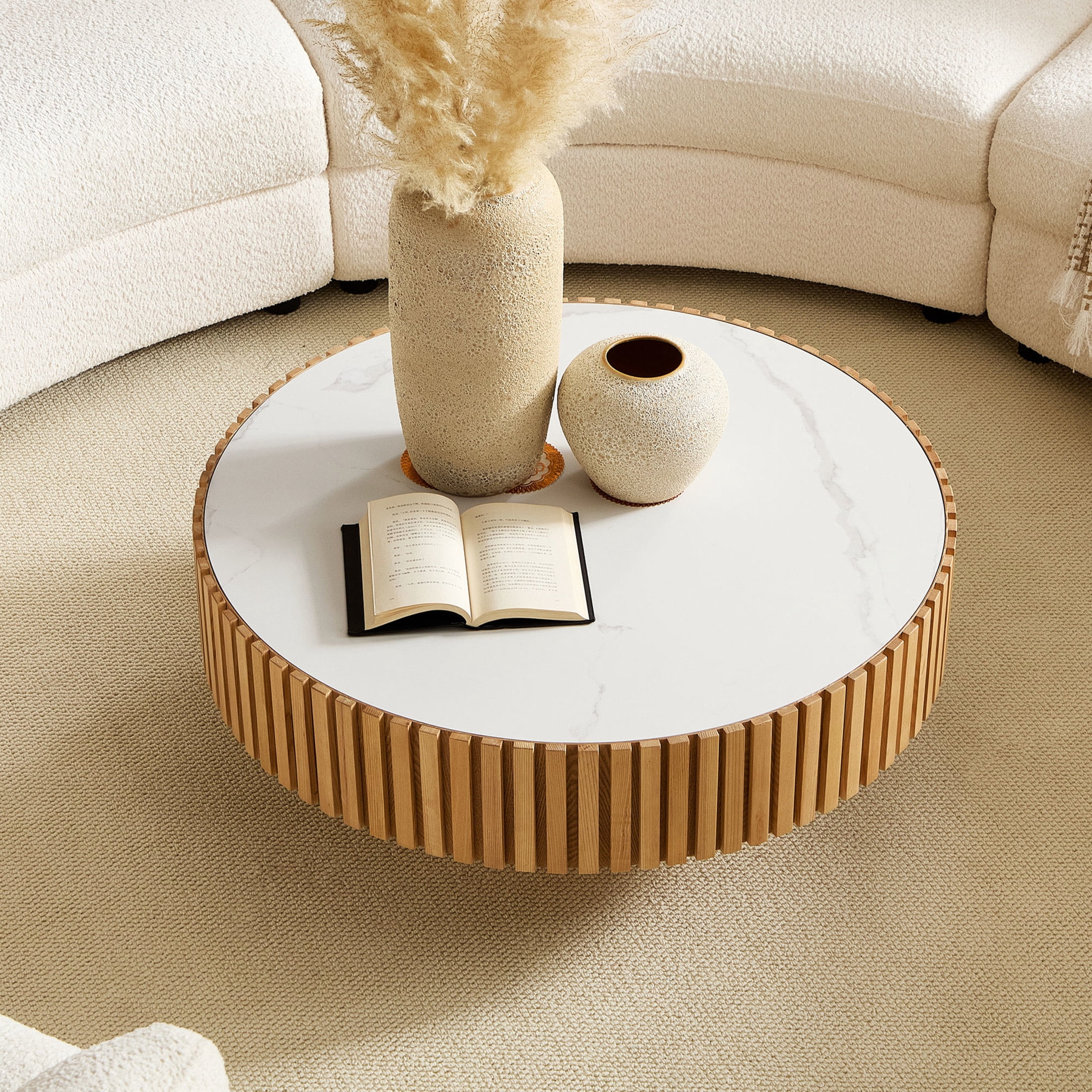 Noble House 35.43" Round Sintered Stone Coffee Table, Fluted Drum Pedestal, Modern Design for Apartment, Natural Ash