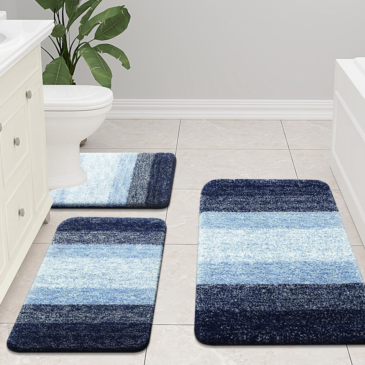 Microfiber Bathroom Rug Soft Absorbent Non-Slip Thick Plush Machine Washable Bath Mat for Tub and Shower 24x16 Blue Rectangle