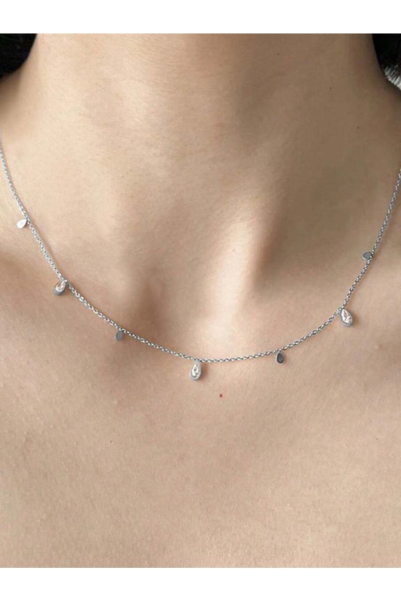 Silver-2 Delicate Station Chain Necklace With Clear Teardrop Zirconia Drops