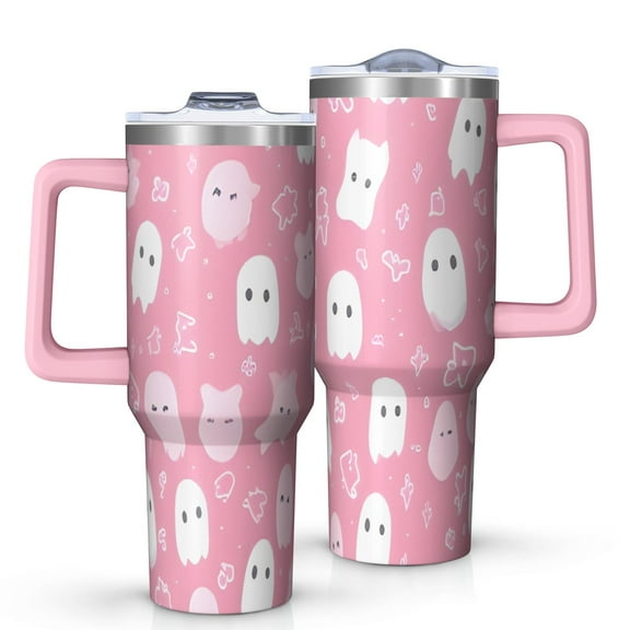 Pastel Halloween Ghost Pattern Tumbler with Handle and Lid,40oz Double Wall Vacuum Insulated Tumbler,Cups Gift for Women and Men