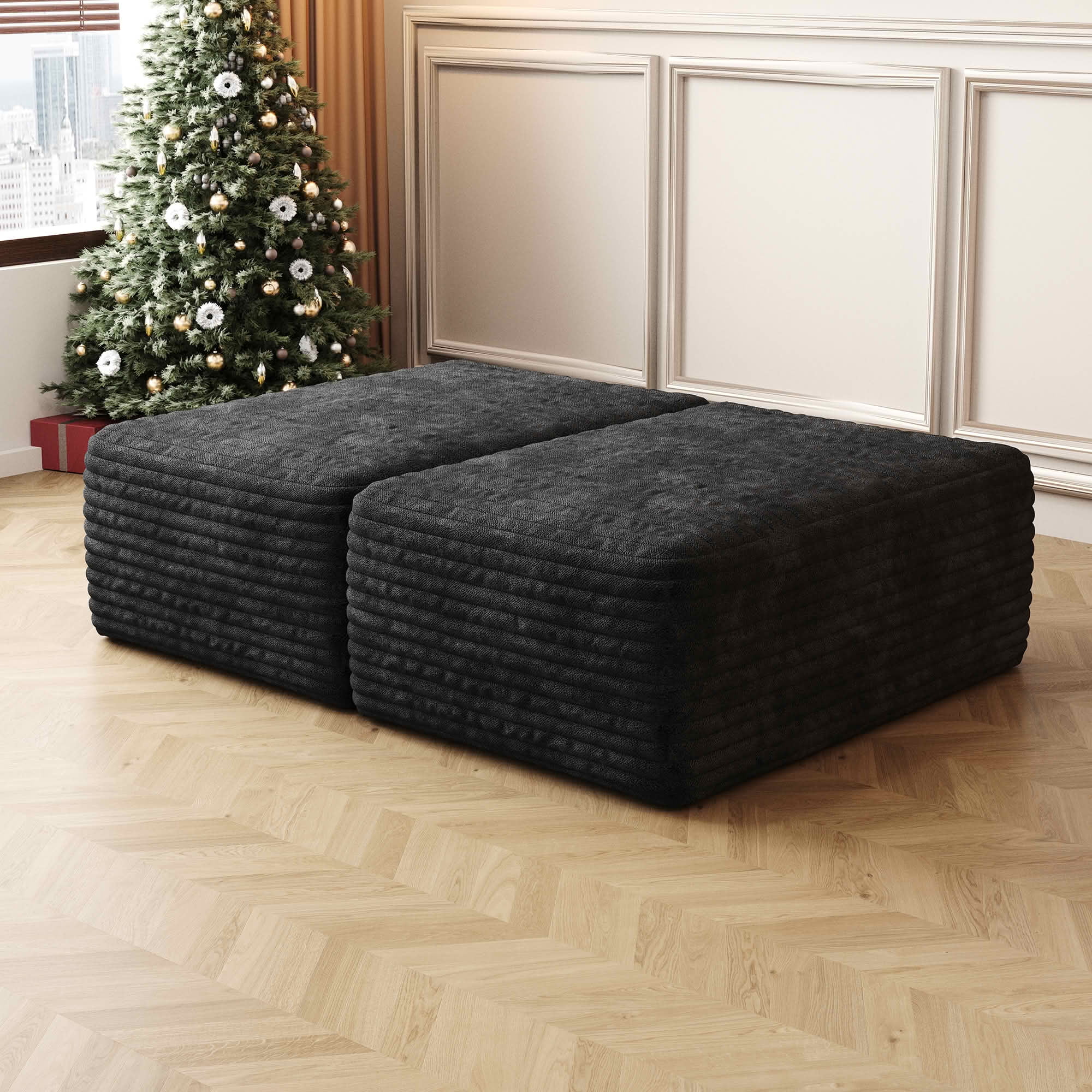 MAYEERTY Sofa Ottoman, No Assembly Required Plush Corduroy Fabric, Black