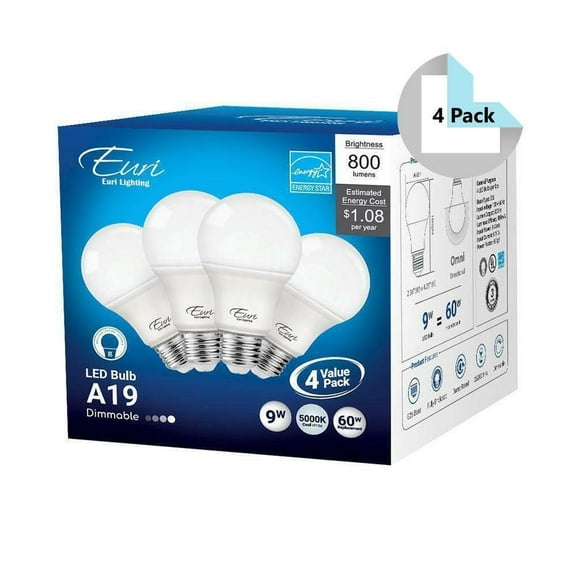 Euri Lighting EA19-6050e-4 4 Pack Dimmable LED Light Bulbs - 5000K, 9W=60W