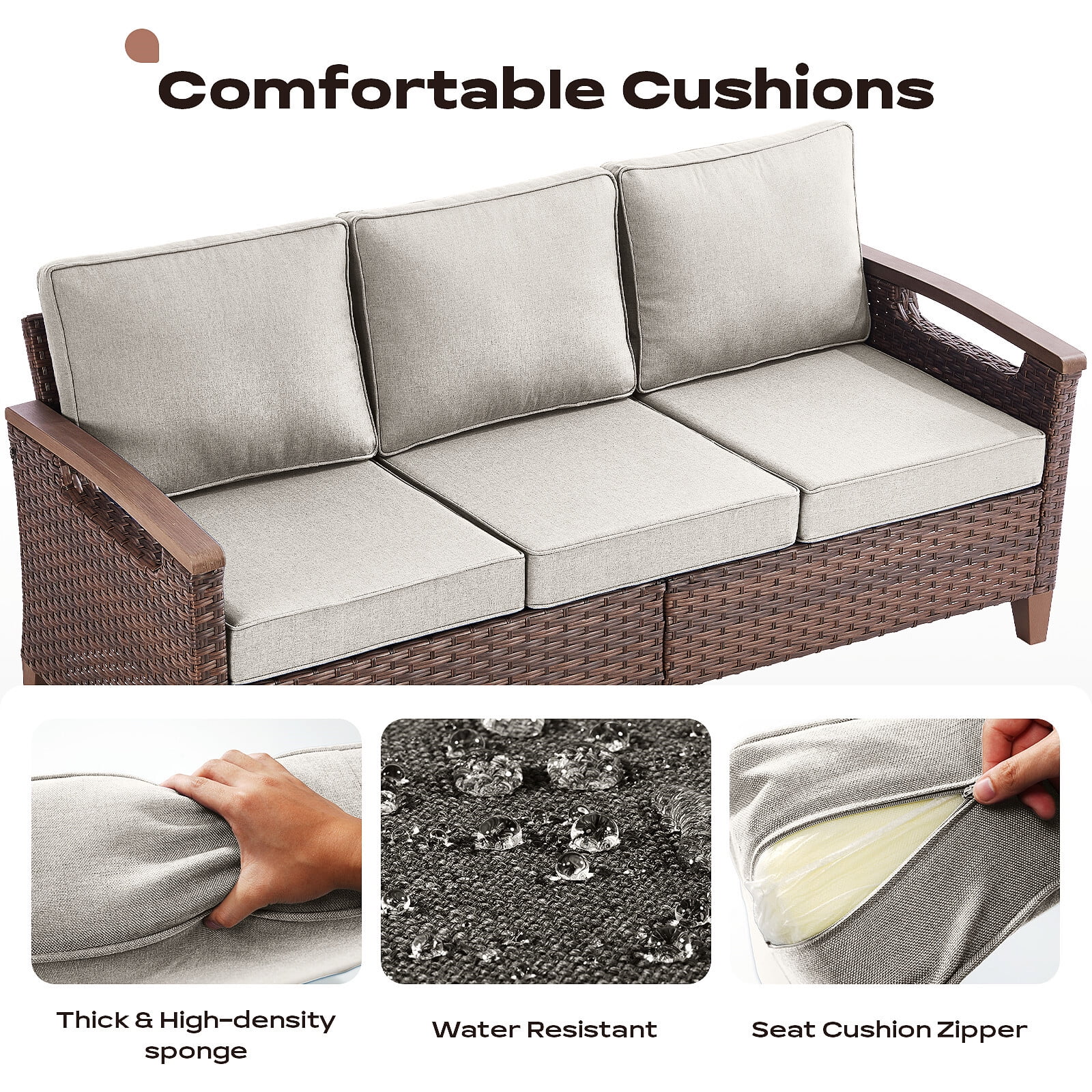 Bellefurn Wicker Patio Sofa Outdoor Couch,Patio 3 Seater Sofa Outdoor Rattan Furniture Sofa with Non-Slip Thick Cushions for Outdoor,Garden,Lawn,Backyard