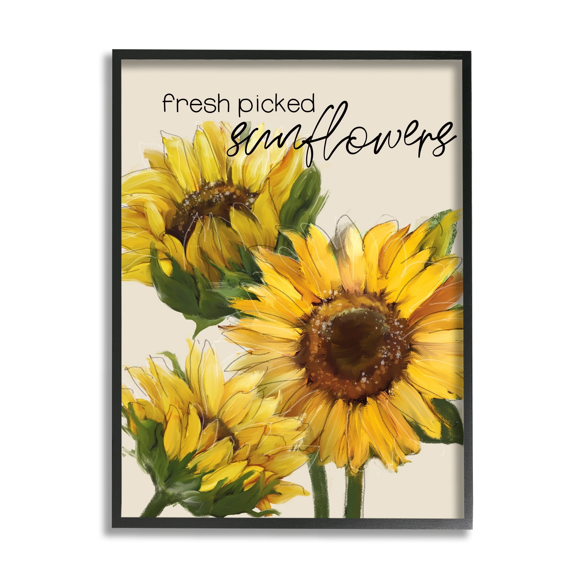 Stupell Industries Fresh Picked Sunflowers Calligraphy Vivid Yellow Blossoms Graphic Art White Framed Art Print Wall Art, Design by Conrad Knutsen