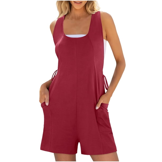 Sexy Rompers para las Mujeres de Verano sin Mangas Tanque Sudadera con Bolsillos Laterales, Cuello en V Color Sólido Romper Casual para Uso Diario Y de Fiesta