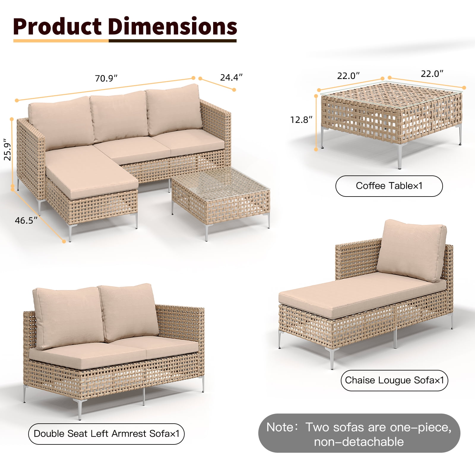 ZXRLHX 3PCS Outdoor Patio Furniture Set,Chaise Longue with Couch & Coffee Table, Outdoor Wicker Conversation Set.