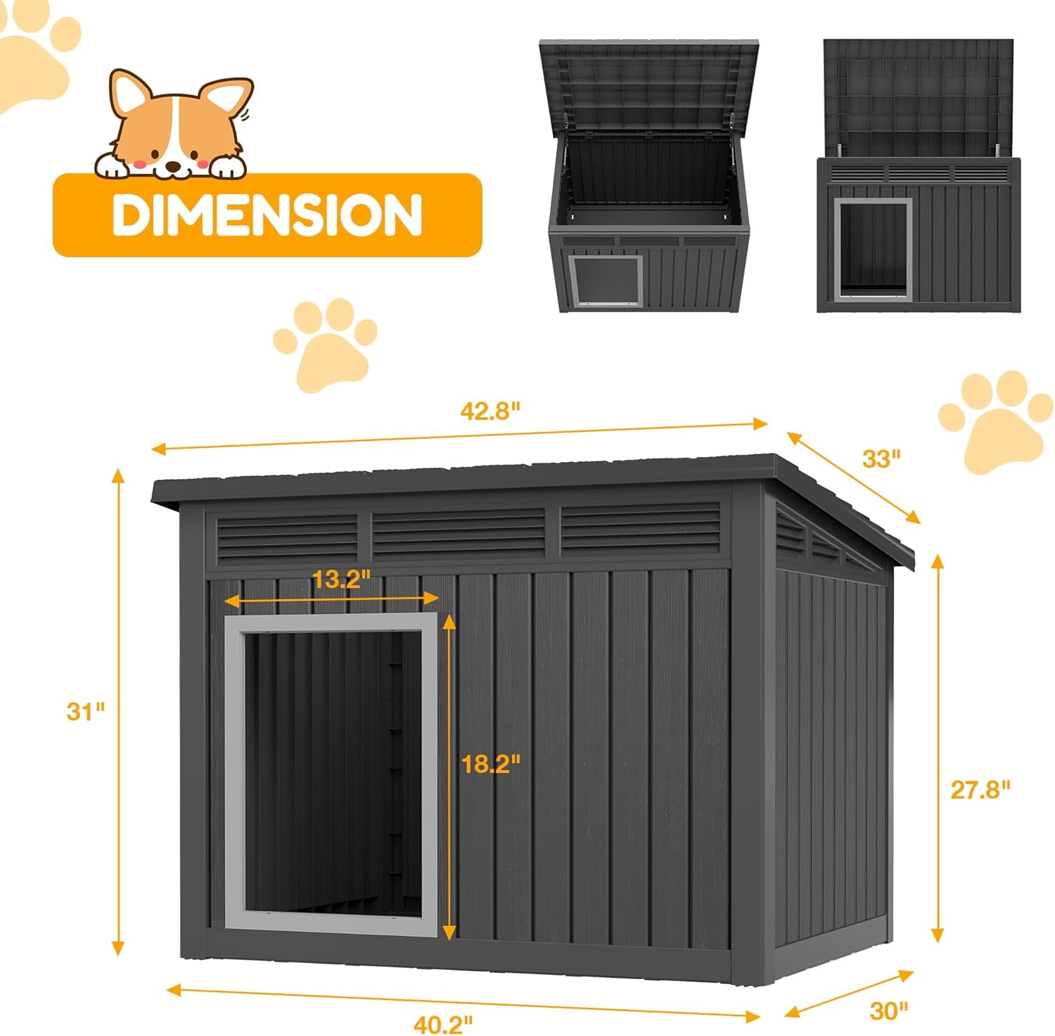 YOSADIER Large Dog House for Indoor & Outdoor - Weatherproof & Removable Roof, Fits Small to Large Dogs-Black (42.8" L x 33" W x 31.5" H)