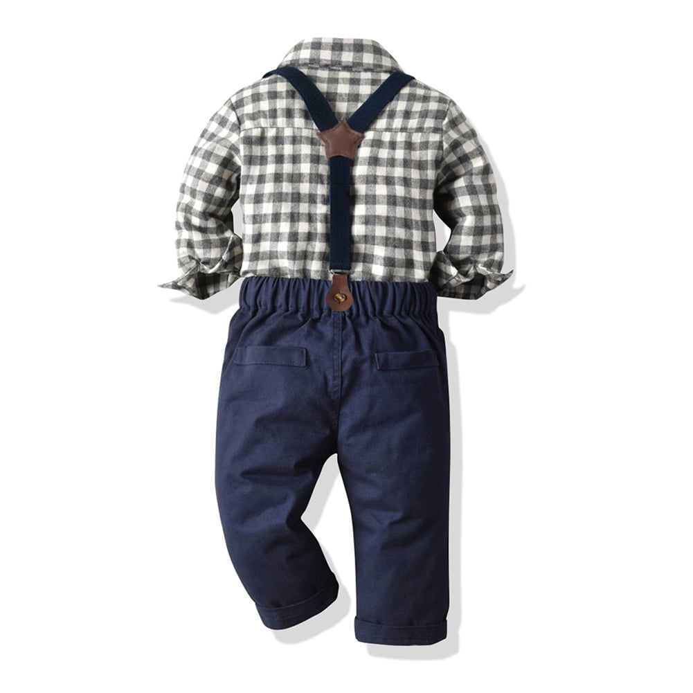 IDOPIP Toddler Kids Baby Boys Gentleman Outfit Striped Shirt with Bowtie + Long Suspender Pants Overalls Clothes Wedding Baptism Formal Suit