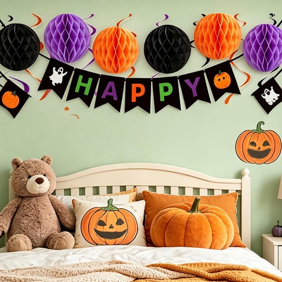 Hovilon 6 Pieces Paper Honeycomb Balls Hanging Tissue Pom Poms, Black Orange Purple Halloween Party Decor for Indoor Ceiling Window Doorway, Spooky Holiday Venue Layout Supplies for Themed Home Decor