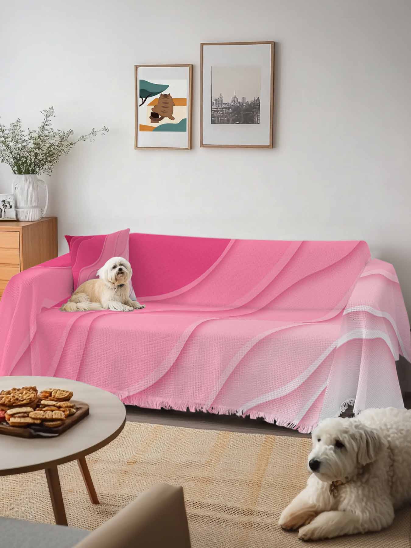 Valentines Pink Ombre Couch Cover, Modern Geometric Abstract Aesthetic Cream Oversized Sofa Cover Blanket for 3 Cushion Couch, Sectional Sofa Slipcover Protector for Living Room Bedroom 71''x150''