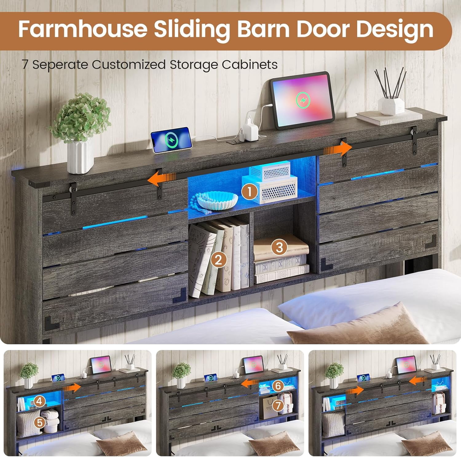 Wooden Bed Frame Full Size with Bookcase Headboard and Sliding Barn Door, Farmhouse Bed Frame Full Size with Charging Station, LED Lights and 4 Storage Drawers, No Box Spring Needed, Grey