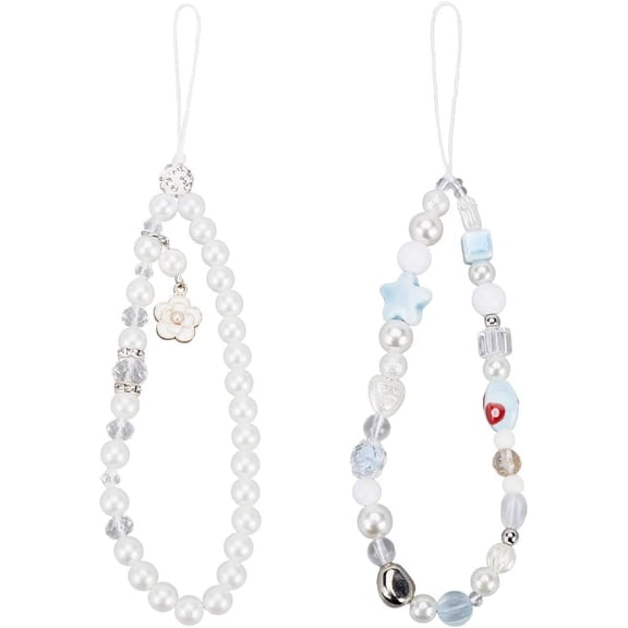 2 Styles Pearl Beaded Phone Lanyard Wrist Strap Star Heart Spacer Beads Mobile Phone Charm Case Short Lanyard Anti-Lost Keychain Wrist Straps Wristlet Bracelet for Camera USB DIY