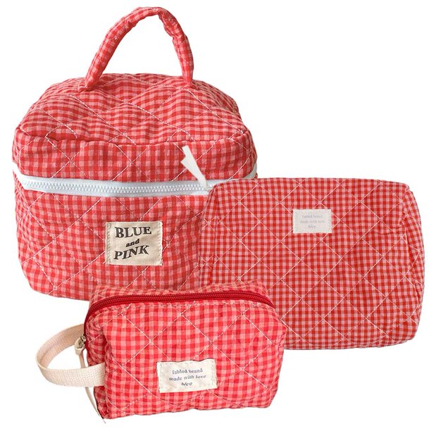 Bolsa de maquillaje a cuadros de 3 piezas, bolsa de maquillaje de viaje de gran capacidad para mujeres y niñas