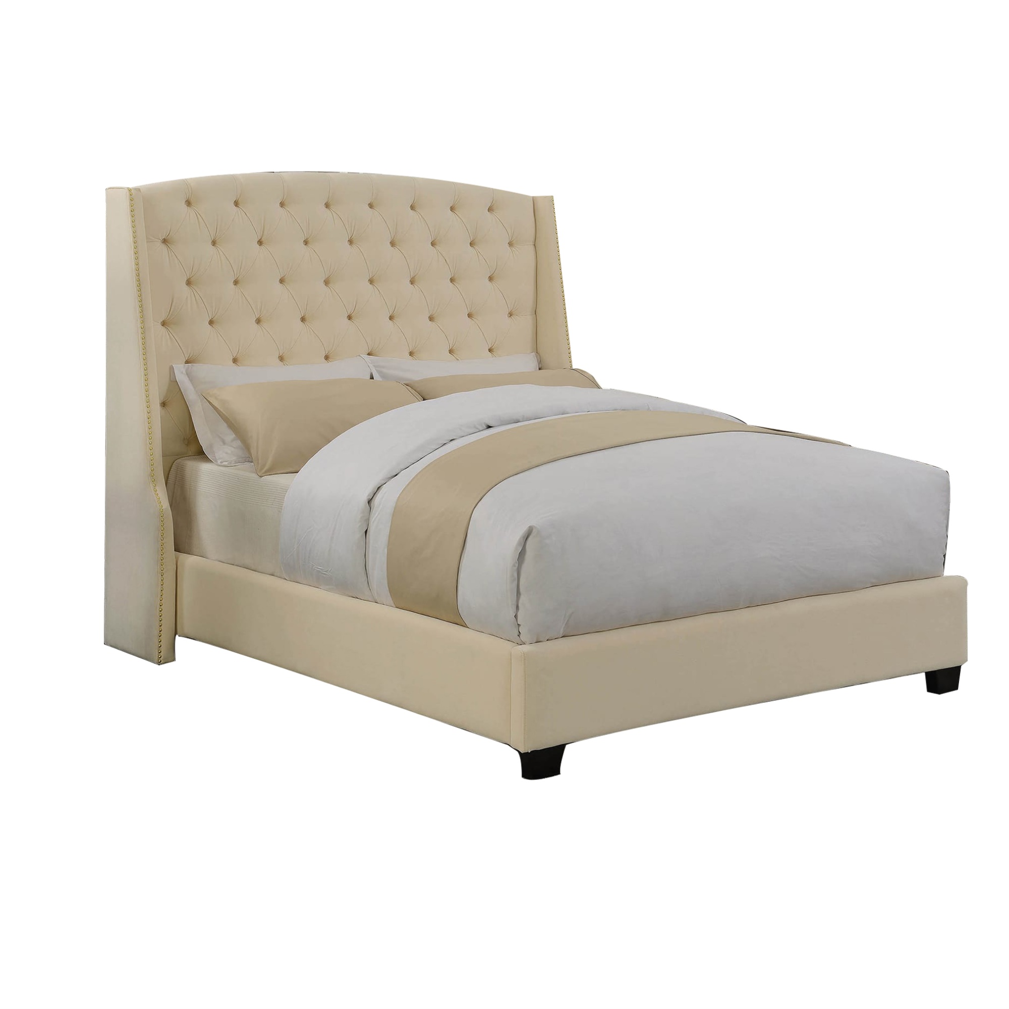 Fabric Upholstered Wooden Eastern King Size Bed with Winged Headboard